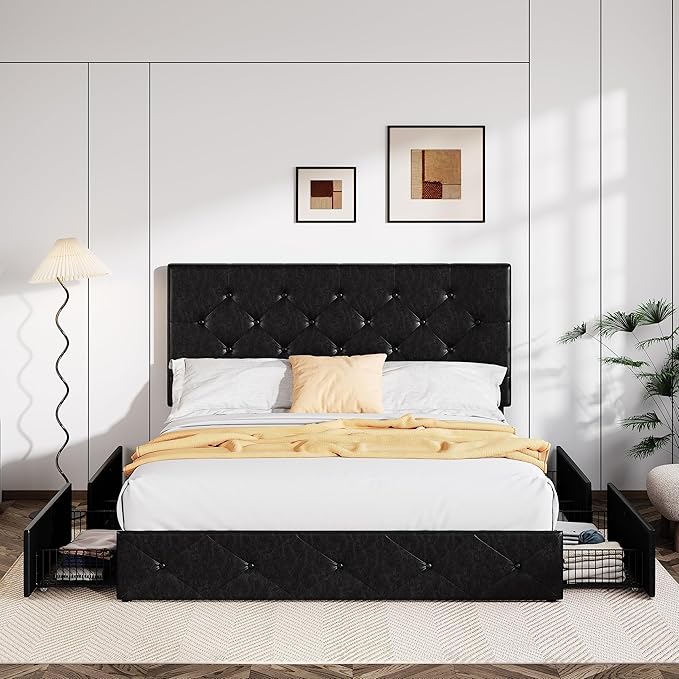 Allewie Upholstered Queen Size Platform Bed Frame with 4 Storage Drawers and Headboard, Diamond Stitched Button Tufted, Mattress Foundation with Wooden Slats Support, No Box Spring Needed, Black