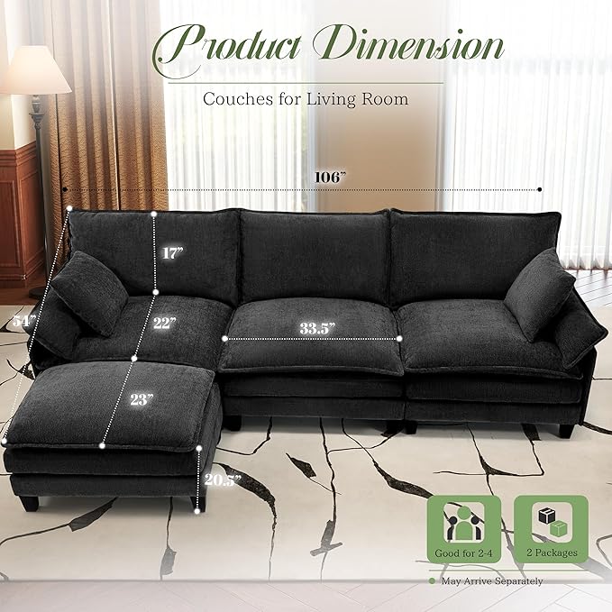 Modular Sectional Sofa, Comfy Cloud Couch with Movable Ottoman, Deep Seat Couches for Living Room, Bedroom and Apartment, 106" L Shaped Modern Sofa with Pillows, Black