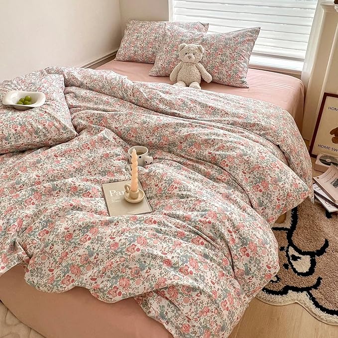 EAVD French Garden Pink Floral Comforter Set Full Soft Microfiber Chic Shabby Floral Bedding Set with 2 Pillowcases Cute Botanical Comforter Set for All-Season