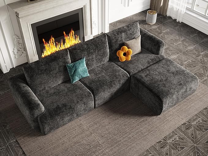EASE MOOSE Sectional Cloud Couch for Living Room, Modular Boneless Sofa L-Shaped, Modern Cloud Sofa Set with Fluffy Foam, Oversized 4-Seater Comfy Sofa with Ottoman for Bedroom, Chenille (Dark Grey)