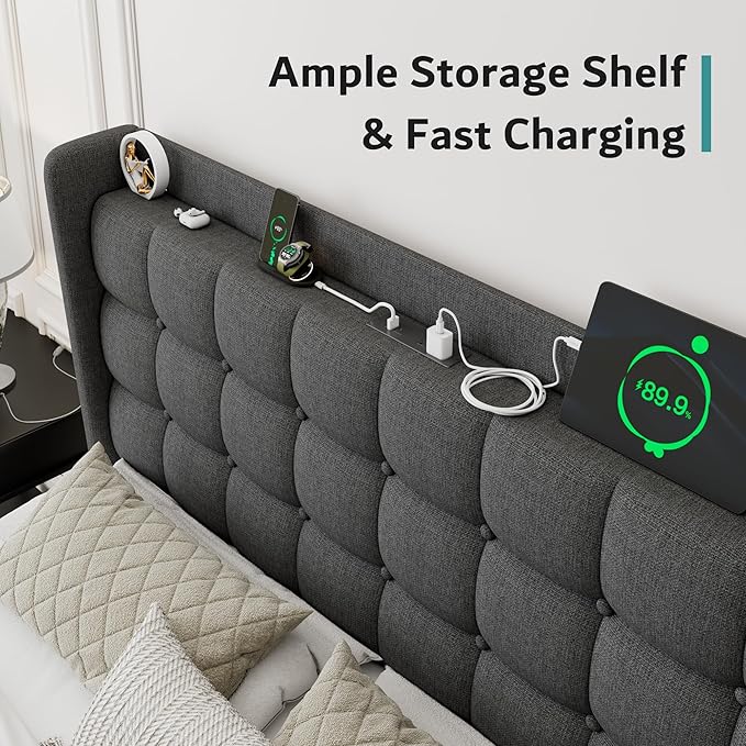 iPormis Full Size Upholstered Platform Bed, Button Tufted Wingback Bed Frame with Charging & Storage Headboard, No Box Spring Needed, Dark Gray