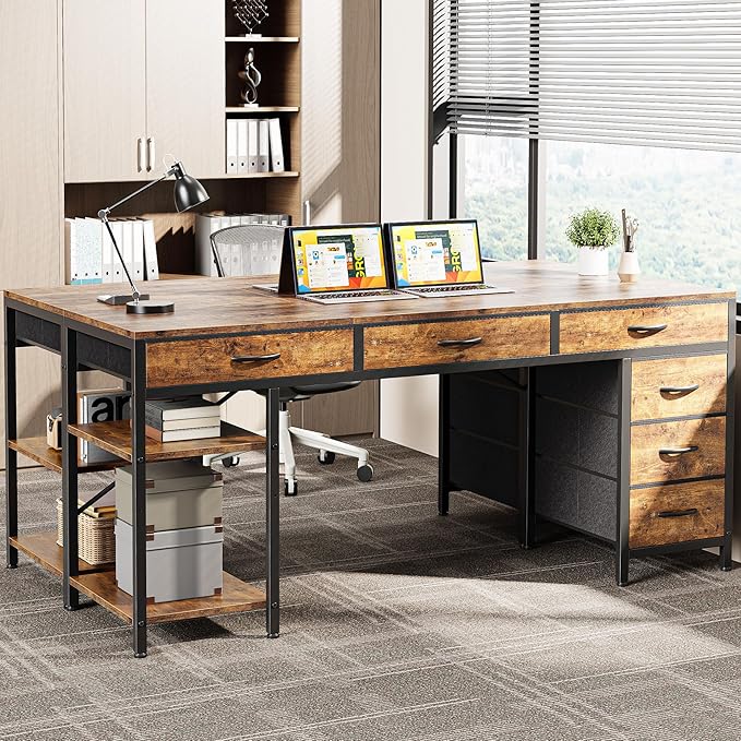 Huuger Computer Desk with 6 Drawers, 63 Inch Office Desk with Shelves, Reversible Gaming Desk, Corner Desk with Storage, for Home Office, Study, Living Room, Rustic Brown