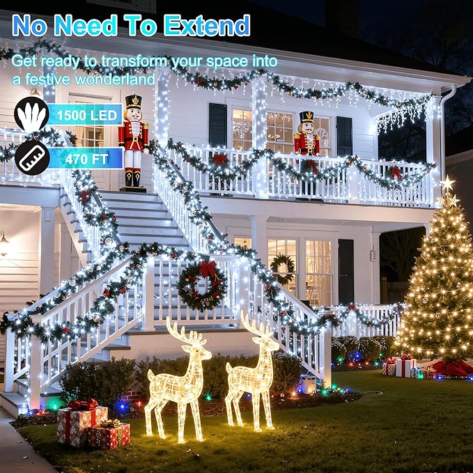 470FT 1500 LED Christmas Lights, 12 Modes Cool White Outdoor String Lights with Timer & Dimmable, Waterproof Green Wire Christmas String Lights for Indoor Xams Tree Patio Fence Party Decorations