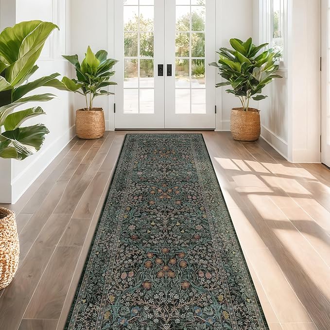 Dark Green 3x10 ft Extra Long Wide Runner Rug for Hallway Non Slip Washable, Large Kitchen Indoor Floor Rugs for Entryway Bathroom Bedroom, Stain Resistant Vintage Floral Carpet