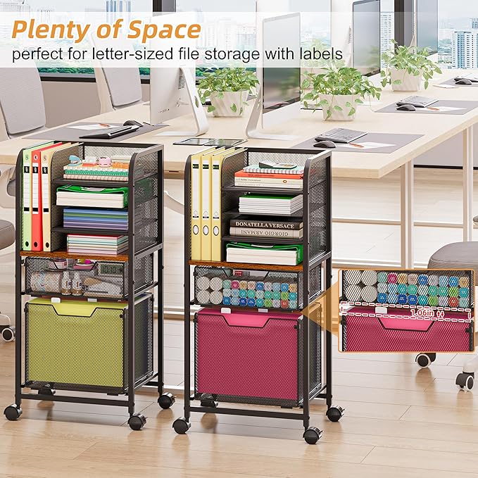 6-Tier Rolling File Cart with 2 Drawers, File Cabinet Organizer for Hanging File Folders, Letter-Size File Storage with Wheels, Multi-Layer Mobile Filing Cabinet for Office and Home