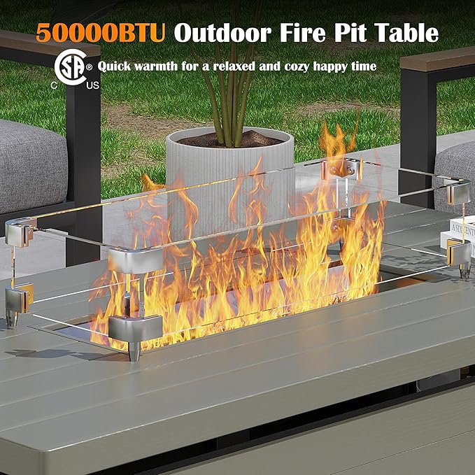 Metal Patio Furniture Set with 51inch Champagne Fire Pit Table, 6-Piece Modern Outdoor Conversation Set with 6-Inch Thick Cushions, Outdoor Furniture Set for Garden, Backyard, Balcony (Warm Grey)