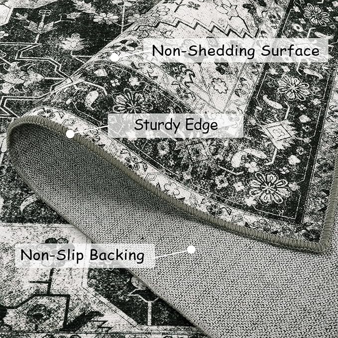 Moynesa Washable 2x3 Entryway Rug Small Front Door Mat, Black and White Kitchen Rugs Non Skid Non-Slip with Rubber Backing, Distressed Low Pile Throw Carpet for Indoor Outside Entrance