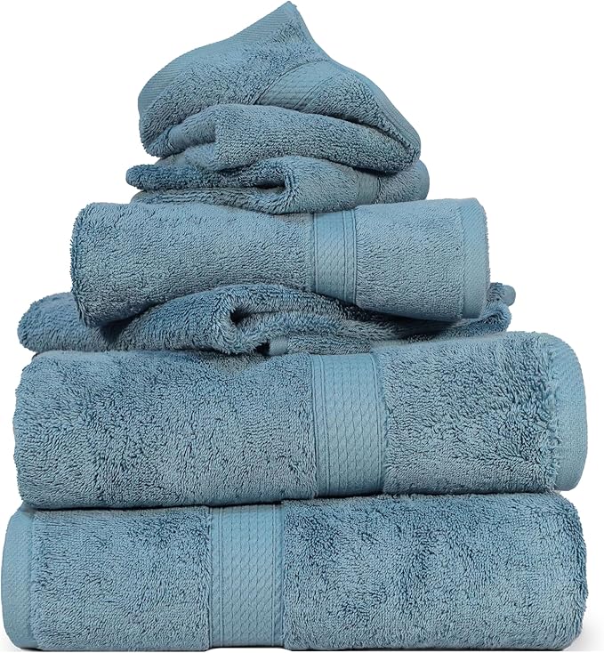 Superior Egyptian Cotton Pile 6 Piece Towel Set, Includes 2 Bath, 2 Hand, 2 Face Towels/Washcloths, Ultra Soft Luxury Towels, Thick Plush Essentials, Guest Bath, Spa, Hotel Bathroom, Denim Blue