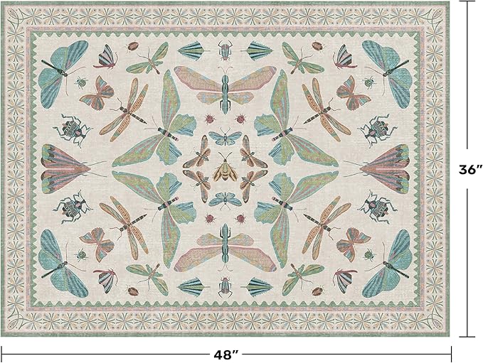 Washable Sage Green Large Entryway Rug, 3x4 Area Rugs for Laundry Room, Kitchen, Bedroom, Dorm, Insect Print Vintage Floral Non-Slip Throw Rug Low Pile Stain Resistance