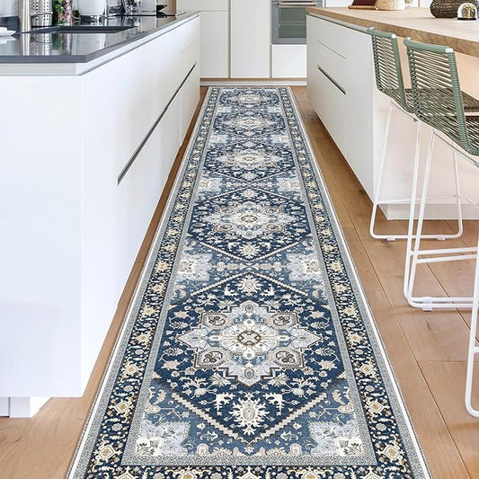 OPPODREAM Thin Entryway Rug 2x12, 2x12 Rug Runner, Washable Hallways Carpet 2 x 12 with Non Slip Backing, Low-Pile Bedside Carpet 2 x 12, Long, Faux Cashmere, Navy Blue & Gold