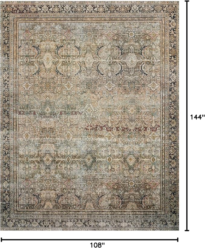 Loloi Layla Collection LAY-03 Olive/Charcoal 9'-0" x 12'-0" .13" Thick Area Rug, Soft, Durable, Vintage Inspired, Distressed, Low Pile, Non-Shedding, Easy Clean, Printed, Living Room Rug