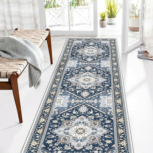 OPPODREAM Thin Entryway Rug 2x8, 2x8 Rug Runner, Washable Hallways Carpet 2 x 8 with Non Slip Backing, Low-Pile Bedside Carpet 2 x 8, Long, Faux Cashmere, Navy Blue & Gold