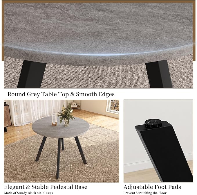 34.6'' Dining Table and Chairs for 4, Mid Century Modern Round Table Set, Space Saving for Apartment Kitchen Dining Room (Grey Table+4 U-Shaped White Chairs)