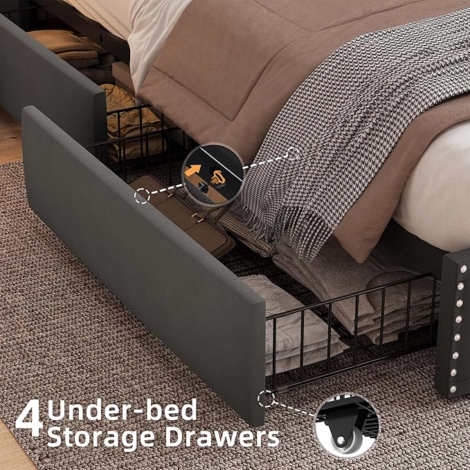 BRELTAM King Size Bed Frame with 4 Storaged Drawers Upholstered Velvet Bed Frame with LED and Charging Station,Platform Bed Frame with Headboard Heavy Duty Wood Slats, Noise Free, Easy Assembly,Grey
