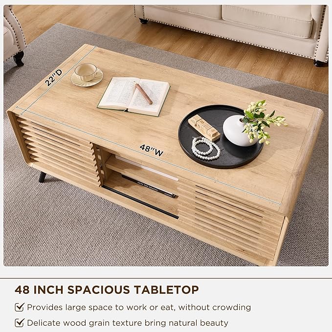 RedLemon 48" Lift top Coffee Table, mid Century Modern Coffee Table with Slatted Sliding Door, Hidden Storage Compartment, 4 Storage Shelves, Center Table for Living Room, Office, Natural Oak