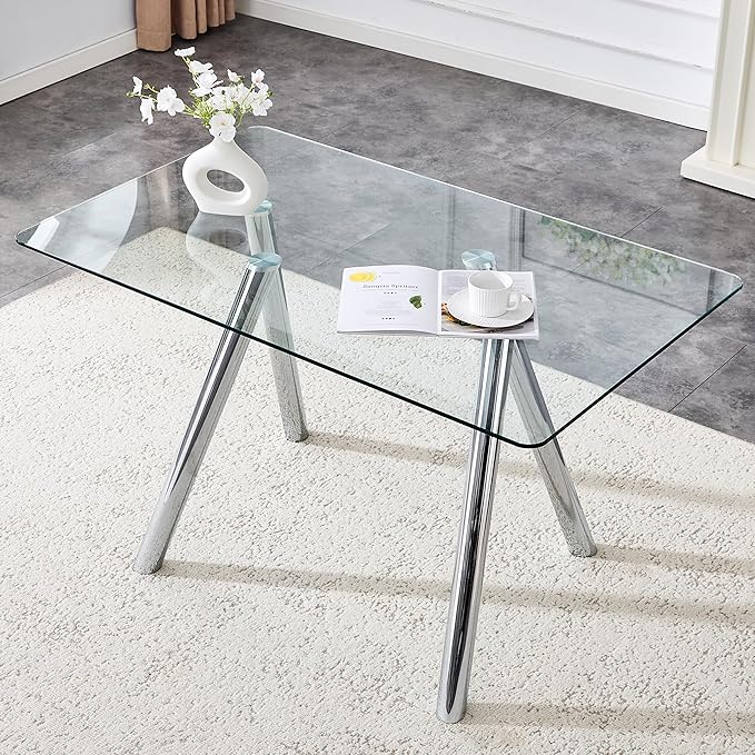 Modern Glass Dining Table for 6, 51.2" Rectangular Dining Table with Tempered Glass Top & Metal Legs, Kitchen Table for Dinner Dining Room Living Room