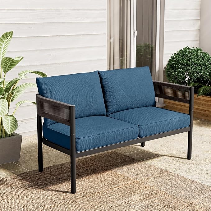 Gand Patio Outdoor Loveseat, Wicker Conversation Set with Thick Cushion for Porch, Garden, Yard, Peacock Blue