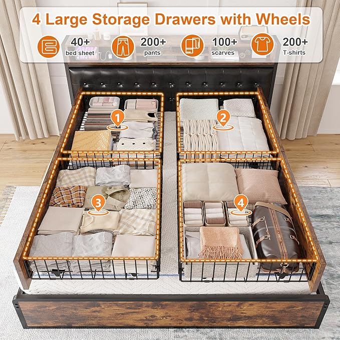 EnHomee Full Bed Frame with 4 Storage Drawers and Headboard Upholstered Bed Frame Full Size with Charging Station, No Noise, Metal Support, No Box Spring Needed,Vintage Brown
