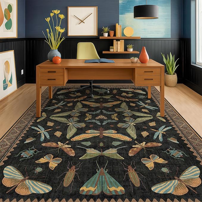 Dark 6x8 Insect Area Rug for Living Room - Vintage Washable Rugs for Dining Room Under Table, Low Pile & Soft Boho Bedroom Decor, Butterfly Non Slip Foldable Carpet
