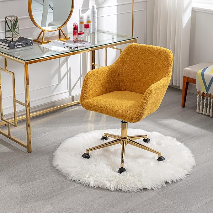 Goujxcy Fluffy Desk Chair, Faux Fur Vanity Chair Swivel Office Chair for Girls Women, Height Adjustable Cute Teddy Furry Makeup Chairs for Bedroom Home Office