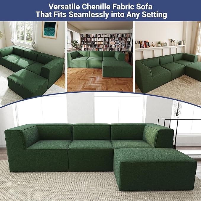 106" Sectional Compressed Sofa Modular Couches L-Shape with Chaise,High-Density Foam No Assembly Required,4-Piece(2xCorner 1xArmless 1xOttoman) for Living Room Chenille Green