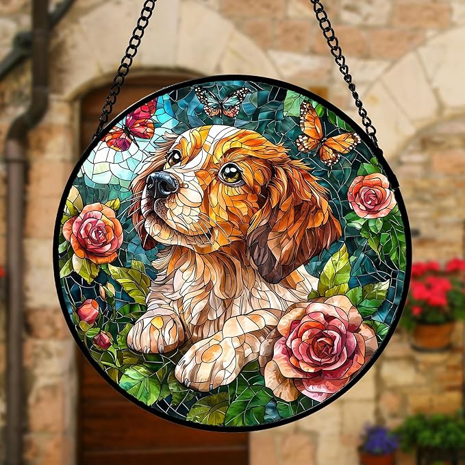 Stained Glass Window Hanging, Dog and Rose Suncatcher for Doors Home Butterfly Sun Catchers Decoration and Christmas, Mother's Day Birthday Gifts for Women, Men, and Mom 7.8 in