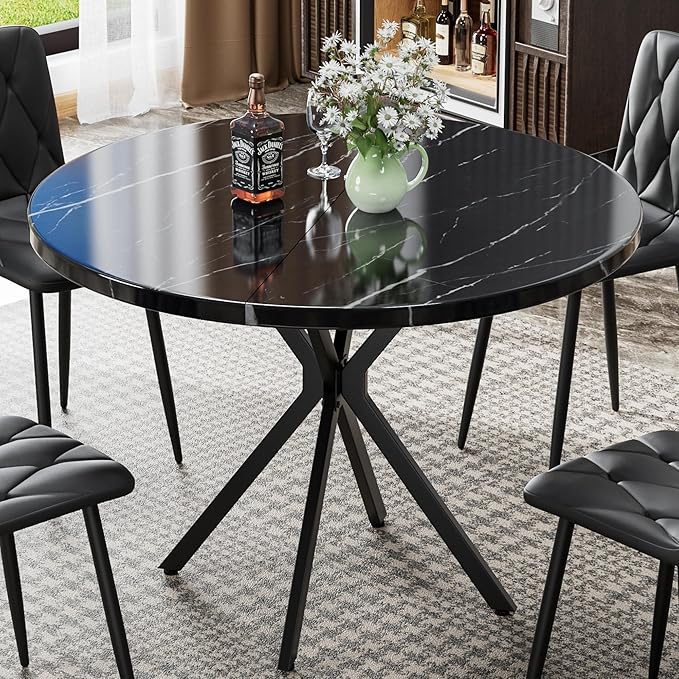 Round Dining Table, 39 Inch Modern Round Kitchen Table Black Dining with Black X Base, Kitchen Table Leisure Table for 4-5 People Small Space Dining Room, Apartment, Kitchen