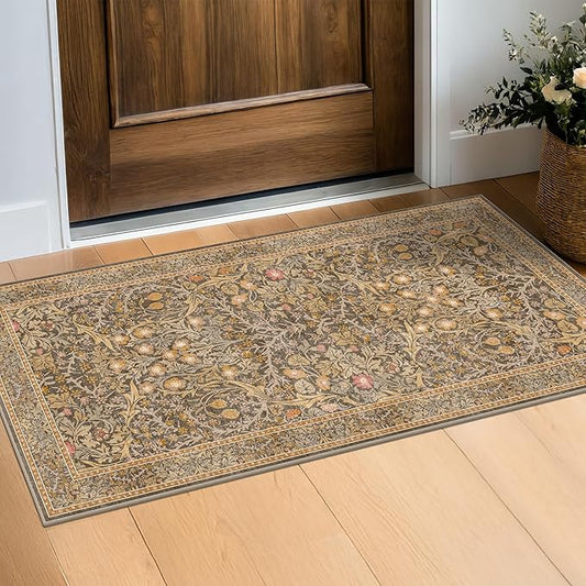 Brown Washable 2x4 Entry Rug - Front Door Rugs Indoor, Vintage Floral Style Small Rug for Kitchen, Bathroom, Non-Slip Boho Gold Entryway Décor