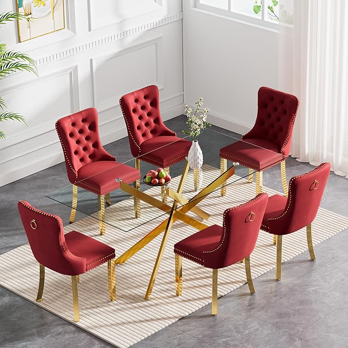 Goujxcy 7 Piece Glass Dining Table Set Modern Glass Dining Table Set for 6, 61" Rectangular Gold Kitchen Table and 6 Velvet Upholstered Wine Red Chairs, Gold Table & Burgundy Chair