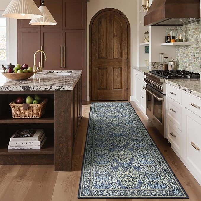 GENIMO Floral Washable Runner Rug 2’6”x10’, Non-Slip Long Hallway Carpet for Entryway, Kitchen, Indoor Floor Use, Vintage Boho Soft Thin Rug Décor, Dark Blue