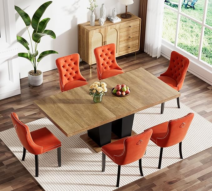Goujxcy 7-Piece Extendable Dining Table Set for 6-8 People 63-78 Inch Kitchen Table Set with 6 Velvet Upholstered Chairs Farmhouse Rectangular Dining Room Table Set for Kitchen Dining Room Apartment