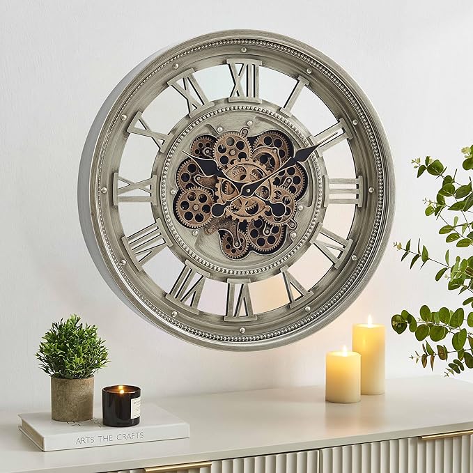 CLXEAST 24 Inch Wall Clock with Moving Gears, Oversized Large Roman Numeral Wall Clocks for Living Room Decor,Antique Champagne Finish,House Warming Gifts New Home