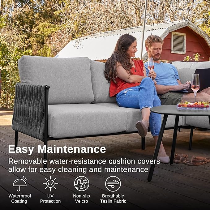 EAST OAK Life Chatter Patio Furniture Set, Outdoor Furniture Sectional Sofa Set with Round Coffee Table, 4 Seats Sofa Deep Seating with Thick & Washable Cushions, Earth Black & Misty Grey