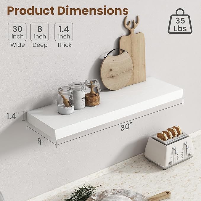 30 Inch Floating Shelves for Wall, 8 Inch Deep Floating Shelf for Storage & Display, Rustic Wall Mounted Shelf with Invisible Brackets for Living Room, Kitchen, Bathroom, Home Decor, Set of 2, White