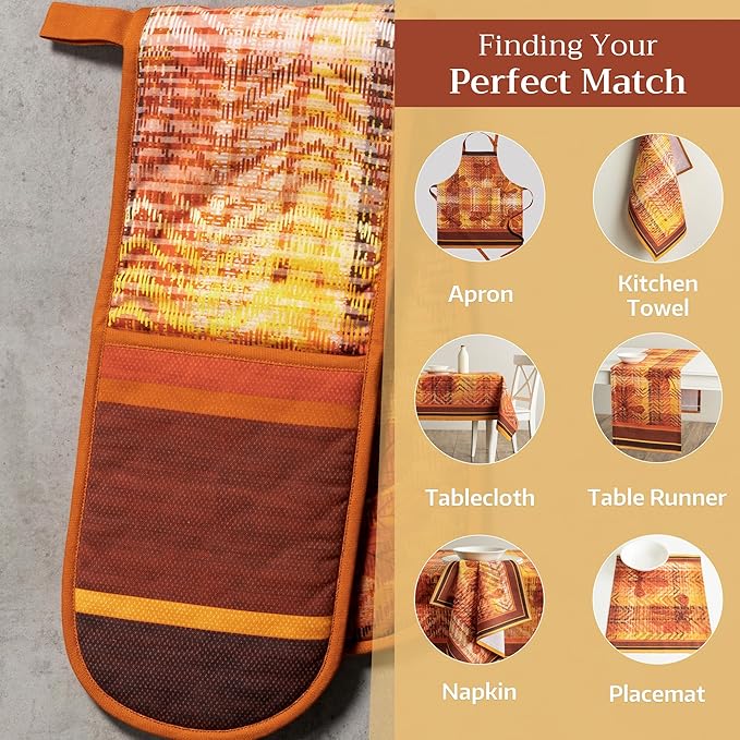 Maison d' Hermine Double Oven Mitt (7" x 35") 100% Cotton Heat Resistant BBQ Cooking Gloves with Loop for Thanksgiving Christmas Decorations Baking Cooking Handling Hot Pan (Thanksgiving Tartan)