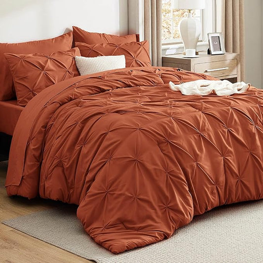 Bedsure Queen Comforter Set Burnt Orange - Bed in a Bag Queen Size Bedding 7 Pieces, GentleSoft™ Pintuck Bed Set Gift for Family, Pinch Pleat Burnt Orange Comforter with Sheets, Pillowcases & Shams