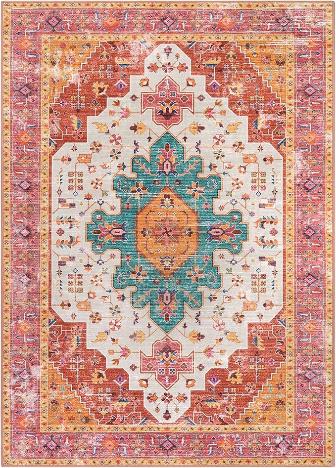 Moynesa Ultra-Thin Washable 10x14 Area Rugs for Bedroom, Pink Large Living Room Rug Non Slip, Medallion Oriental Indoor Floor Carpet for Dining Room Table Dorm Home Office Decor