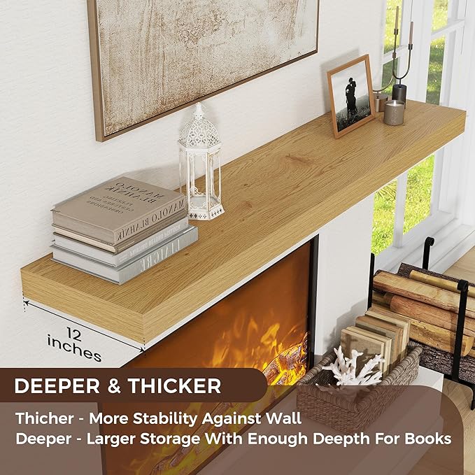 Floating Shelves for Wall, 48 Inch Wide x 12 Inch Deep Floating Shelves, Long Wood Floating Wall Shelf Shelves for Living Room Bathroom Bedroom Kitchen Home - (Oak, 48" W x 12" D x 2" H)