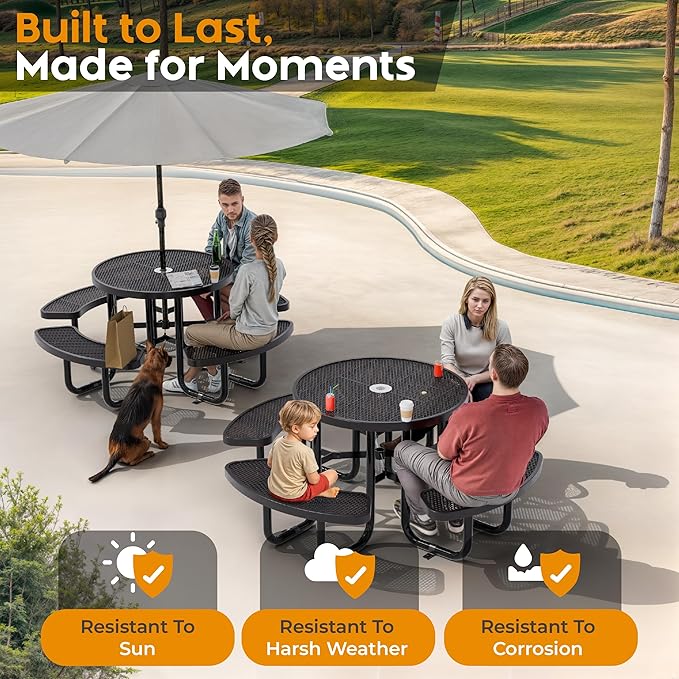 Metal Picnic Tables for Outdoors with Umbrella Hole - Coated Steel Heavy Duty Commercial Grade Furniture Set with Adjustable Seats (Black, 38 in, Round, Expanded Steel)