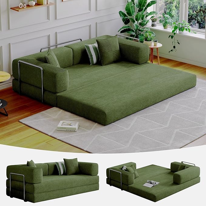 98.4''Convertible Sleeper Sofa Bed,Compressed Floor Boneless Couch,Modular Modern Corduroy Sofa for Living Room Bedroom -with Fixed-Shape Frame and Support Armrest,Easy Assembly(Green)