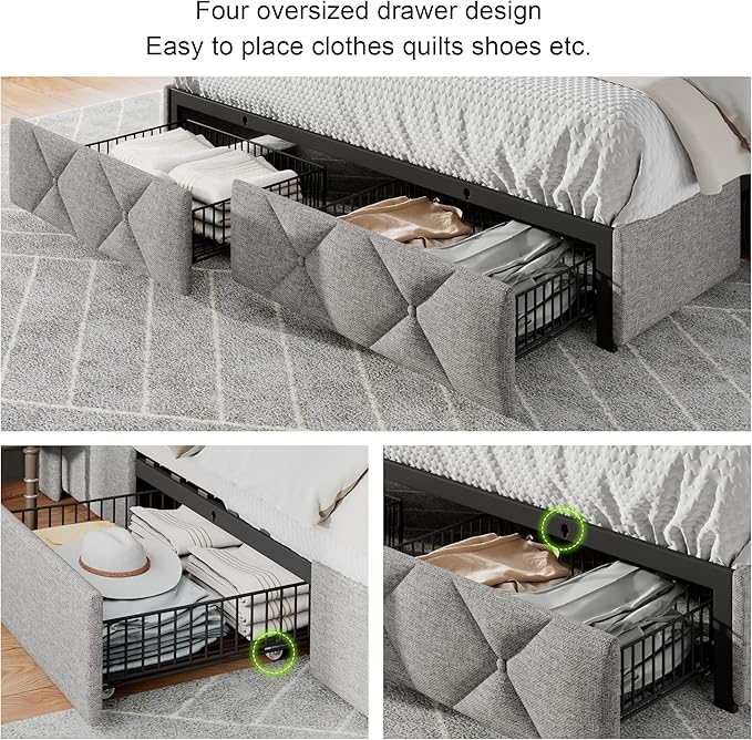 Feonase Full Bed Frame with 4 Storage Drawers, Upholstered Button Tufted Storage Headboard with Fast Charging Station, Heavy Duty Slats Support, No Box Spring Needed, Noise-Free, Light Grey