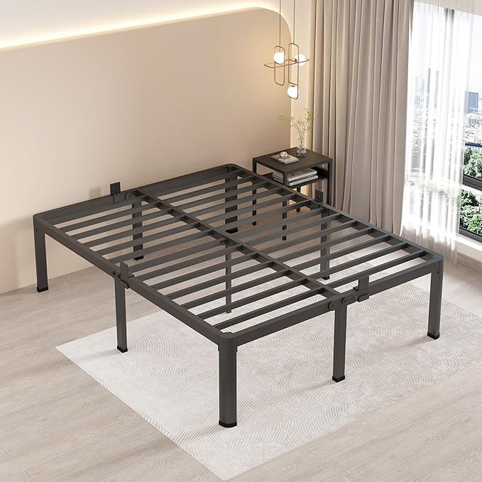 MAF 16 Inch Queen Bed Frames with Round Corner Legs Mattress Slide Stopper No Box Spring Needed Heavy Duty Metal Platform Bed Frame Under-Bed Storage Space, 3000 LBS Steel Slats Support