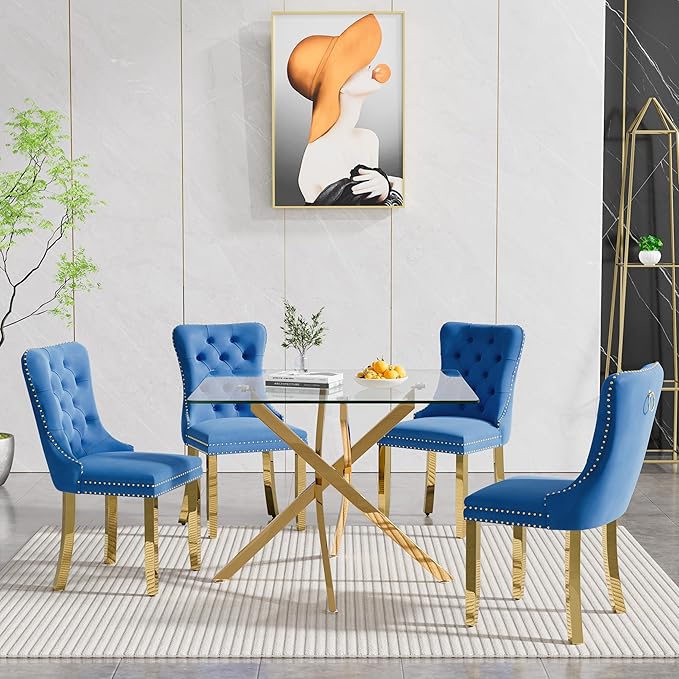 Goujxcy Glass Dining Table Set for 4, Modern Kitchen Table and Chairs Set of 4, 5-Piece Kitchen Dining Room Table Set w/36 Square Gold Glass Dining Table and 4 Blue Velvet Upholstered Chairs