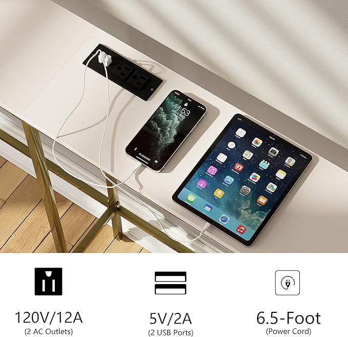 70.9 Inch Console Table with Power Outlet，Modern Narrow Long Sofa Table Behind Couch,Skinny Entry Table with Gold Metal Frame for Entryway,Living Room, Hallway,Classic White