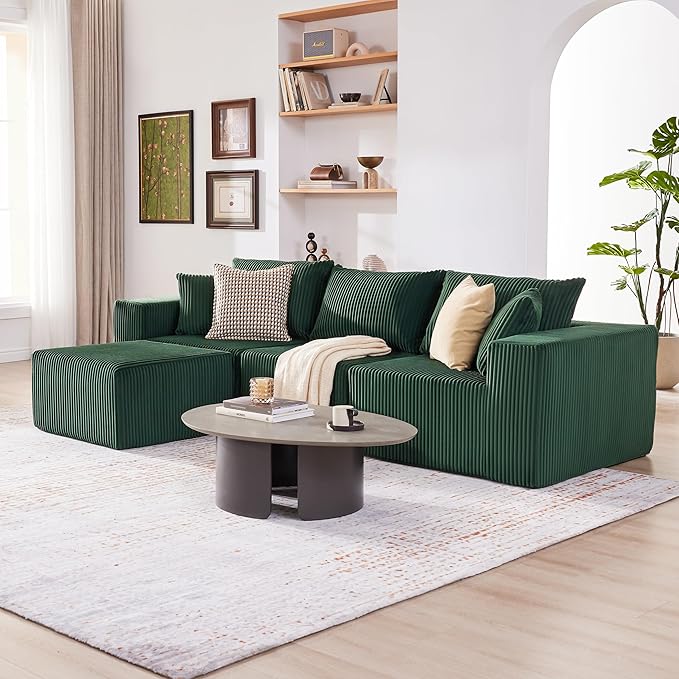 107.4" Cloud Couch Sectional, Modular Sofa with Deep Seat, Plush Corduroy L Shaped Boneless Couch, Convertible Sectional Couches for Living Room, 4Seat, Green