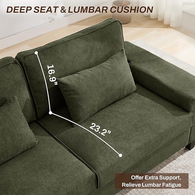 3 Seater Couch for Living Room, 79'' Comfy Deep Seat Sofa with Adjustable Armrests & USB/Type-C Charging Ports, Mid Century Modern Couch for Bedroom, Home Office, Green