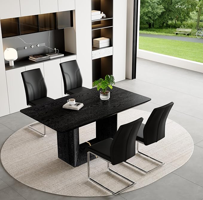 63" Modern Black Dining Table Set for 4 with Chairs, 5 Piece Rectangular Dining Room Table and 4 PU Leather Chairs, Kitchen Dining Set with Matte Wood Finish, Geometric Base, Easy Assembly