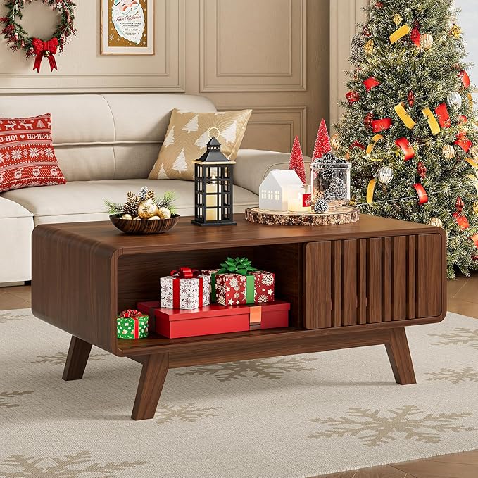 ONBRILL Coffee Table, Mid Century Modern Table with Storage Compartment, Fluted Table with Sliding Cabinet Door, Farmhouse Wood Coffee Table for Living Room (Walnut)