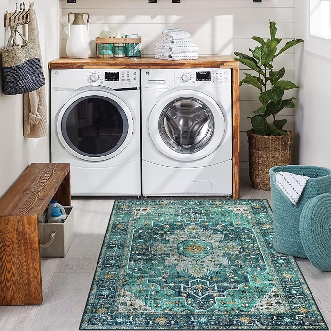 Moynesa Ultra-Thin Washable Vintage Area Rug - 3x5 Boho Entry Throw Rug Non-Slip Oriental Medallion Bedroom Mat Non-Shedding Indoor Floor Carpet for Living Laundry Room, Teal/Mutil