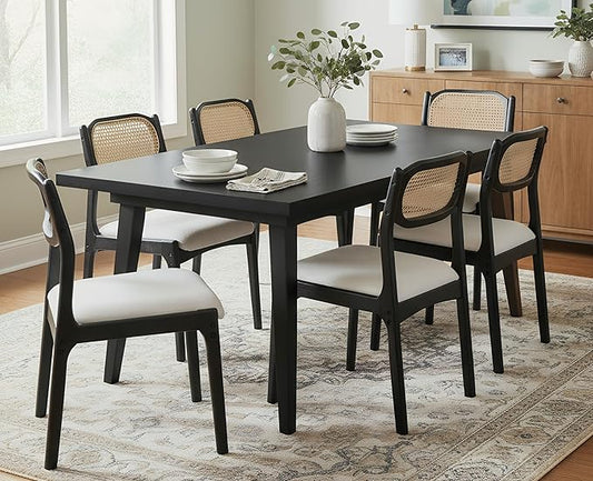 EALSON Farmhouse Rattan Dining Chairs Set of 6 Modern Mid Century Dining Room Chairs Upholstered Linen Kitchen Side Chairs with Cane Back/Black Wood Frame for Living Dining Room,Beige